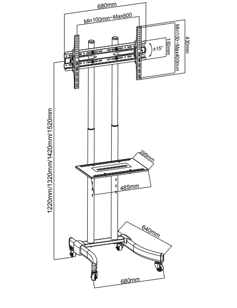 Hamood Height Adjustable Mobile TV Cart with Shelf HMD-1446